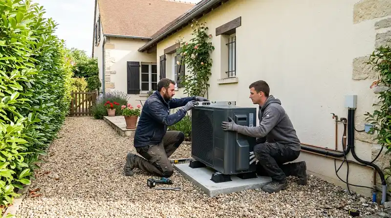 Installateur raccordant l'unité extérieure d'une pompe à chaleur dans le Eure-et-Loir