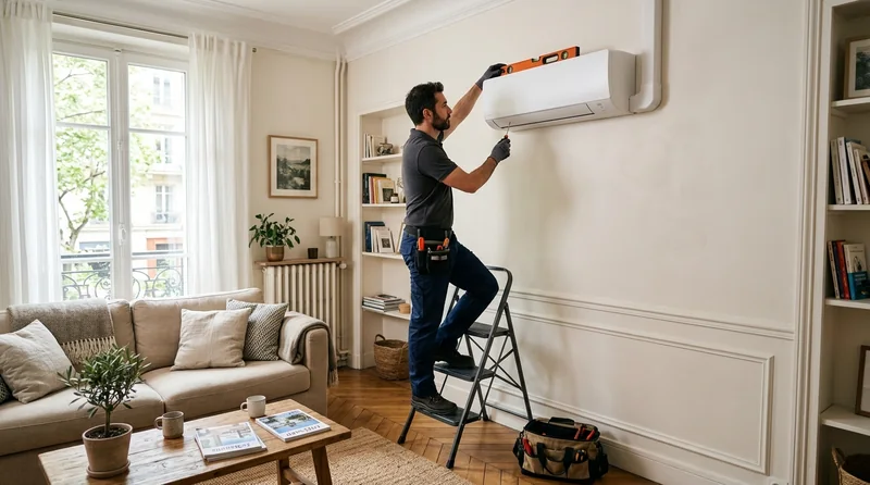 Technicien fixant l'unité intérieure murale d'une pompe à chaleur air/air